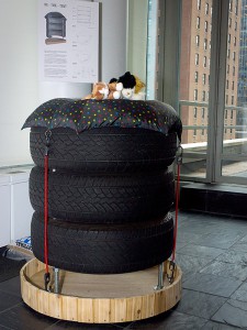 The crowd favorite community cat shelter on display at the fifth annual 'Architects for Animals: Giving Shelter' fundraiser to support the NYC Feral Cat Initiative was 'Re-Tire-Tent,' a multi-level recycled tire tower created by Narofsky Architecture. (Photo by Carol Zytnik)