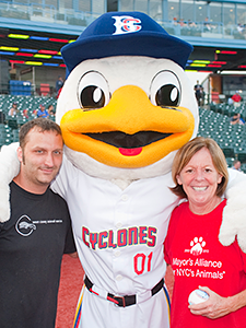 Sean Casey of Sean Casey Animal Rescue and Debbie Fierro, a driver for the Alliance's Wheels of Hope program, were honored by the Brooklyn Cyclones at this year's Bark in the Park for their tireless work to save and care for animals displaced by Superstorm Sandy. (Photo by Joe Galka)