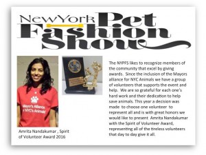 Alliance volunteer, Amrita Nandakumar, accepted the Spirit of Volunteer Award at the 2016 New York Pet Fashion show on behalf of all of those who generously give their time to support pet rescue.