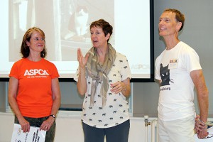 Kathleen O'Malley, Becky Robinson, and Mike Phillips present the first 'Trap-Neuter-Return (TNR) and Colony Care Workshop' at the ASPCA Midtown Offices on July 20, 2014. (Photo by Maureen Smith)