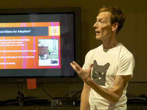 Mike Phillips teaches 'Taming Feral Kittens for Adoption' and other workshops for the NYC Feral Cat Initiative of the Mayor's Alliance for NYC's Animals. (Photo by Marc Birnbach)