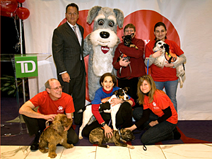 Great dogs for adoption from AC&C joined the Maddie's Fund mascot, TD Bank NY Metro President Gregory Braca, Mayor's Alliance President Jane Hoffman, red-shirted Mayor's Alliance staff members, and AC&C volunteer Tena Davies at the 'I Love NYC Pets' Month kick-off event on February 3. (Photo by Rick Edwards)