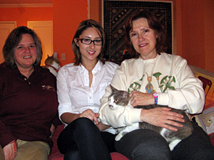 TTouch practitioners Mary Bruce (right) and Peggy Marks (left) of Tavi & Friends helped to ease Charlie's transition to his wonderful new home with Danielle Kaufman (center). (Photo by Jane Warshaw)